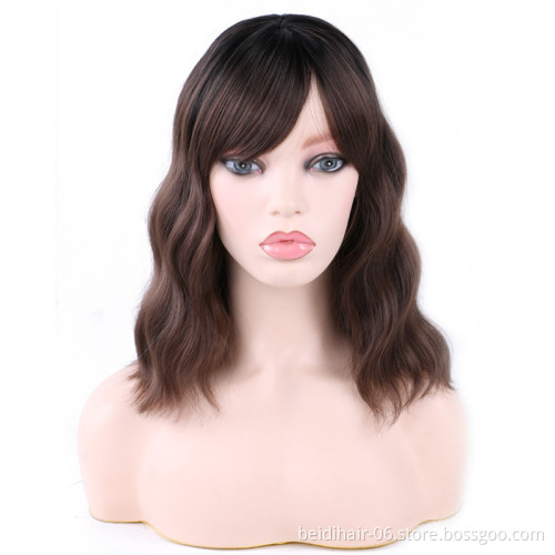 Synthetic Hair Short Bob Wigs Natural Wavy Style with Bangs Fringe Skin Scalp Natural Hairline Shoulder Length